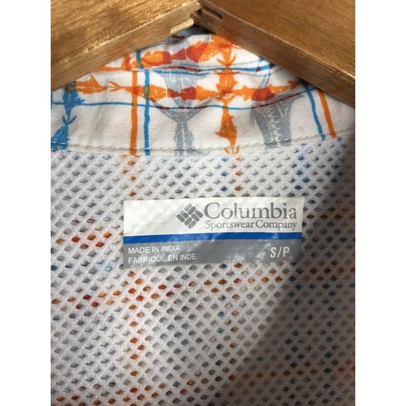 Columbia PFG Mens Small Orange Blue White Short Sleeve Button Fish Graphic Shirt - Picture 5 of 10